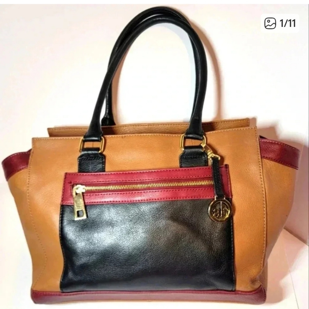 Audrey Brooke Tan Black Burgundy Color-Block Tote Shoulder Bag